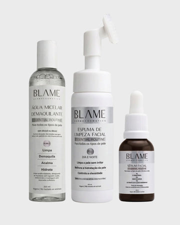 Kit Blame Essential Routine — Limpeza, Hidratação e Sérum com Niacinamida