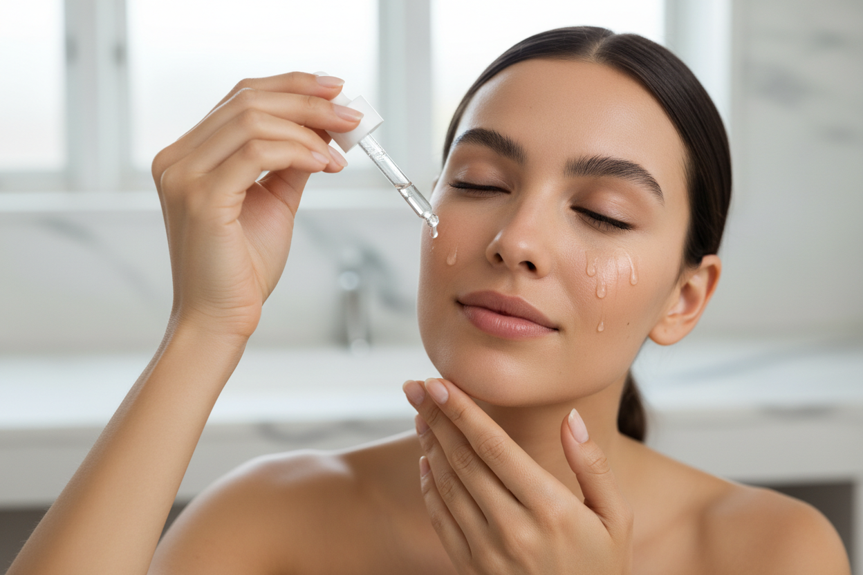 uma mulher usando o serum aplicando com o contragota o produto sobre seu rosto